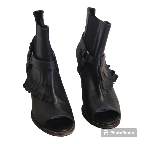 Freda salvador BLACK LEATHER HARNESS FRINGES OPEN TOE ANKLE BOOTS WOMEN’… - Picture 4 of 16